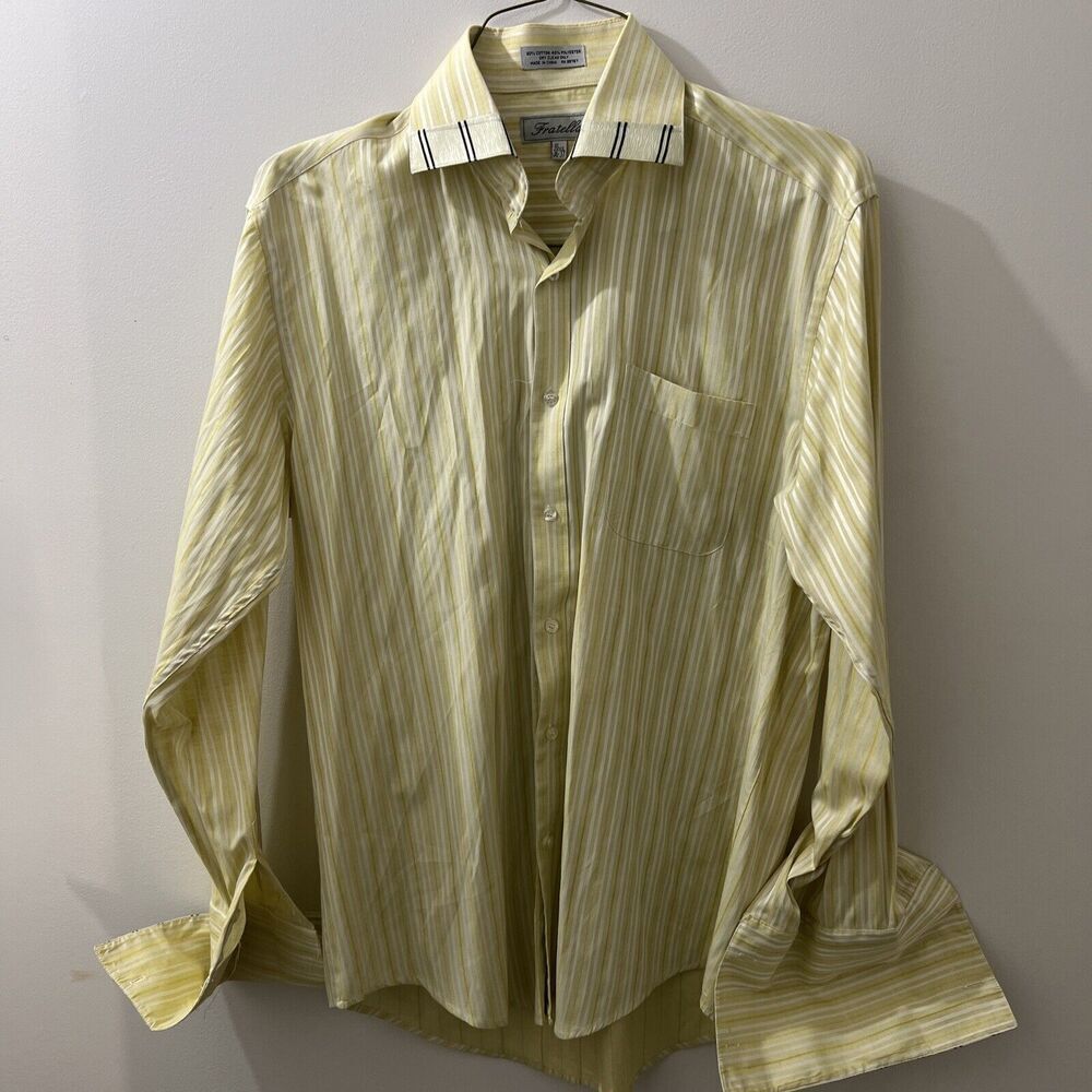 FRATELLO Shirt Men 16.5 36/37 Yellow Long Sleeve Flip Cuffs Formal Tuxedo Dress‎